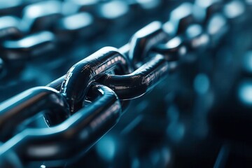 Close-up of interconnected metal chain links against a dark background.