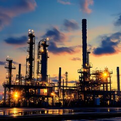 Industrial refinery at dusk with illuminated towers and dramatic sky.