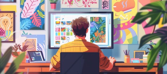 Fototapete - Creative Workspace: Graphic Designer Crafting Colorful Illustrations on High-Resolution Screen