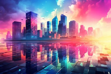 Poster - Abstract cityscape featuring geometric building shapes with dark lighting for a modern aesthetic