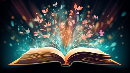 Poster - Open book with radiant pages illuminating text and illustrations against a dark background