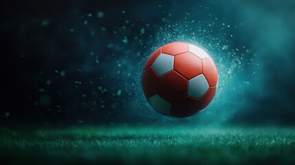 Red soccer ball on field with dynamic dust particles. Close-up sports photography with dramatic lighting.