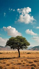 Wall Mural - Lone tree in desert landscape under blue sky, serene nature. Solitude and tranquility concept