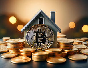 Miniature house standing on a pile of golden bitcoin cryptocurrency coins, suggesting real estate investment or mortgage payment using digital currency