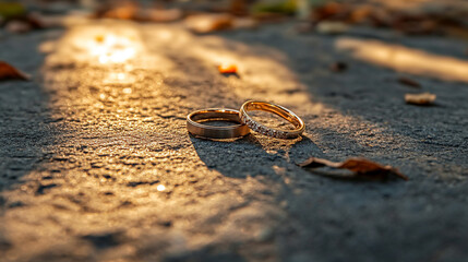 Two elegant wedding rings rest gently in a natural setting, symbolizing the unity of marriage, eternal love, and the connection between human bonds and the beauty of nature