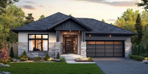 Poster - Contemporary Design Featuring a Natural Stone Facade A Charming Blend of Modern Architecture and Nature