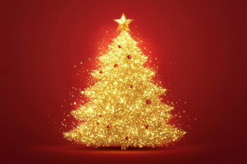 Illustration of a golden glowing Christmas tree on a red background. Elegant card template with golden shiny fir tree. Glitter. Free space for text