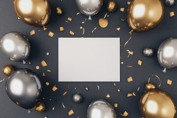 Poster - A blank white card in the middle of the frame, surrounded by golden and silver balloons, with confetti around the edges Generative AI