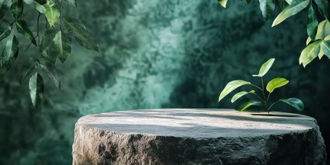 Poster - Elegant Green Podium Platform for Nature-Inspired Product Displays Surrounded by Lush Foliage and Soft Textures