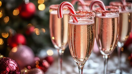 Poster - Elegant champagne glasses filled with sparkling drink feature festive peppermint sticks