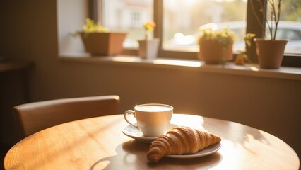 Cozy Upscale Café Interior with Coffee and Croissant