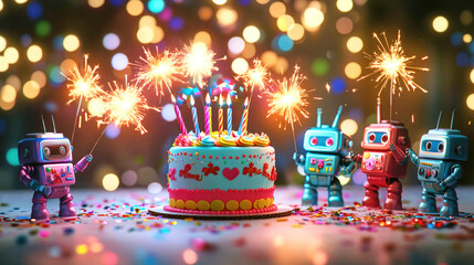 A joyful birthday celebration with a colorful cake and playful toy robots holding sparklers in a festive atmosphere