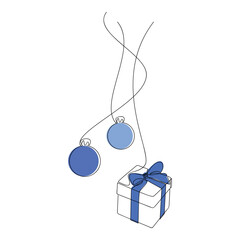 Wall Mural - Hand drawn hanging blue Christmas balls ornaments. Vector one line continuous gift box. Winter holiday linear icons. Festive design, print, poster, postcard, New Year greeting card, cartoon, doodle