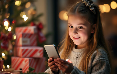 girl shops online christmas mobile app payment holiday gifts