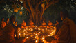 © mohammad - Bodhi Day celebration under the lush Bodhi tree, a group of monks wearing orange robes are meditating solemnly, small candles surround the area, Ai generated images