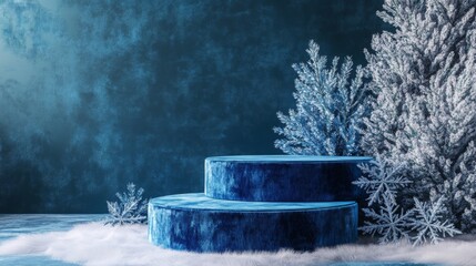 Poster - A beautifully arranged winter-themed display features round blue velvet platforms surrounded by artificial snowy foliage and soft white textures. Designed for a seasonal celebration or event.