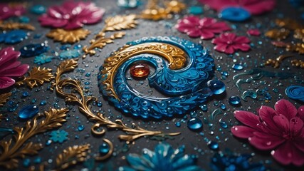 Poster - Ornate, decorative element featuring intricate swirling patterns in shades of blue and gold, with small pink and white flowers scattered throughout composition