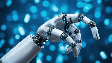 Poster - A futuristic robotic hand reaching out against a blurred blue background, symbolizing advanced technology and innovation.