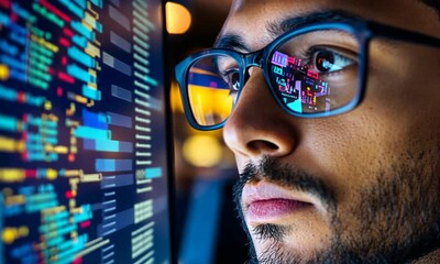 close-up of a man wearing glasses, looking intently at a computer screen displaying code