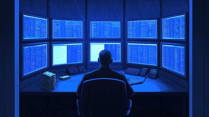 Poster - A person monitoring multiple screens in a high-tech control room, illuminated by blue light.