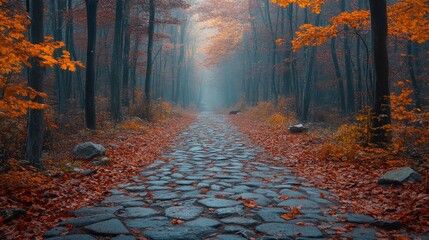 Poster - A peaceful path made of stones leads through a forest filled with orange and red leaves. The mist creates a serene atmosphere, enhancing the beauty of autumn.