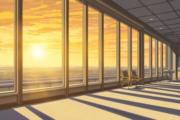 Wall Mural - A spacious office interior showcasing large windows with a beautiful sunset view, casting shadows on the floor.