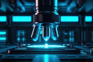 Poster - Close-up of a high-tech microscope analyzing a glowing specimen in a futuristic lab environment.