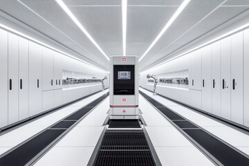 Poster - Futuristic robotic arm in a high-tech, minimalist setting with automated machinery in a sleek environment.