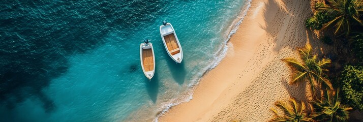 Wall Mural - Two boats anchored near a serene beach surrounded by palm trees and crystal clear waters