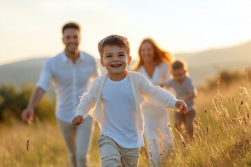 Joyful Family Running in a Sunlit Field