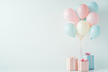 Birthday background with balloons and gifts, pastel colors, white space in the center of the picture, bright, minimalistic, light color palette Generative AI