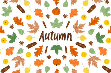 Wall Mural - autumn greeting card with oak and maple leaves, pumpkin, seasonal spice cinnamon, and star anise. pe