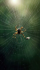 A detailed spider web glistening with morning dew, featuring a giant spider creeping toward the center, creating an eerie yet fascinating atmosphere