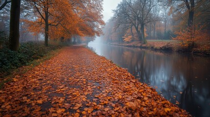 Poster - A serene canal pathway is surrounded by trees displaying bright orange foliage. The morning fog creates a tranquil atmosphere, reflecting off the calm water.