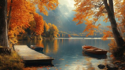 Poster - Bright autumn leaves reflect on a calm lake as two boats rest gently by a wooden dock, creating a peaceful scene in nature.