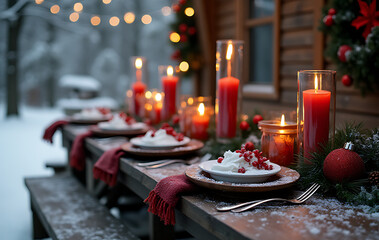 winter scenes often feature rustic wooden table set christmas candles decorations