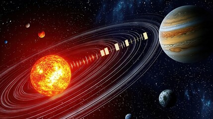 Wall Mural -   An artist's depiction of a solar system featuring eight planets in the foreground and eight stars in the backdrop
