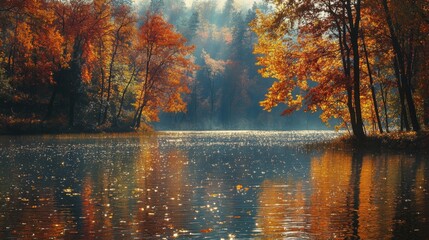 Poster - The serene lake is surrounded by trees displaying vivid autumn colors, creating a stunning reflection on the water surface under the bright sunlight.
