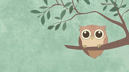 Sticker -   An owl perched on a tree's branch with emerald leaves against a soft green backdrop and a clear blue sky