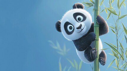 Sticker -   A panda bear perched atop a bamboo tree, with wide-open eyes and a blue backdrop