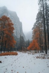 Sticker - Autumn foliage mixed with winter snow in a tranquil mountain landscape during overcast weather