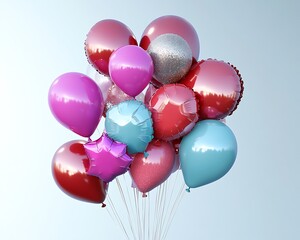 A birthday balloon bouquet featuring bright metallic and glittery balloons in a variety of shapes isolated background