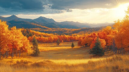 Poster - A stunning autumn vista showcasing brilliant orange and yellow trees in a grassy valley, framed by rugged mountains under a sunset sky.