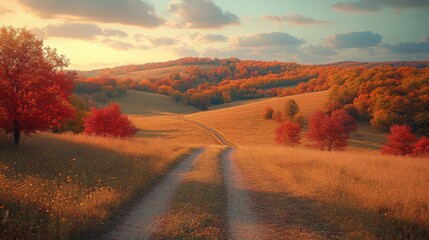 Poster - A dirt path meanders through a serene autumn landscape filled with vibrant red and orange trees. The warm glow of sunset enhances the golden fields, creating a picturesque view.