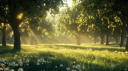 Wall Mural - A tranquil meadow scene with sunlight filtering through a canopy of trees at the edge of the field