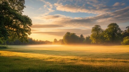 Wall Mural - A meadow at dawn with soft mist rising from the ground, illuminated by the first rays of sunlight