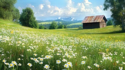 Wall Mural - A tranquil meadow scene with a small wooden cabin in the distance, surrounded by tall grass and wildflowers