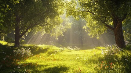 Wall Mural - A meadow surrounded by trees, with sunbeams filtering through the branches and lighting up the grass