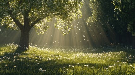Wall Mural - A meadow surrounded by trees, with sunbeams filtering through the branches and lighting up the grass