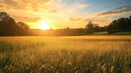 Wall Mural - A meadow at sunset with golden light streaming across the landscape, casting long shadows on the grass